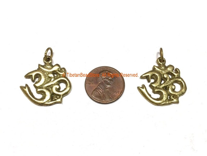 2 PENDANTS Sanskrit Om Brass Charm Pendants Nepal Tibetan Brass Om Aum Ohm Mantra Charms Ethnic Nepal Tibetan Yoga Jewelry WM3770B-2 image 1