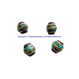 4 BEADS Tibetan Bicone Shape Brass Beads with Lapis, Turquoise Inlays - TibetanBeadStore Brass Inlay Beads- Tibetan Beads - B3520-4