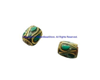 2 BEADS Tibetan Barrel Shape Beads with Brass, Turquoise Inlays - Ethnic Nepal Tibetan Beads - B3521-2