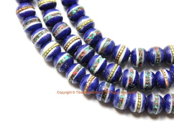 108 BEADS 8mm Tibetan Lapis Blue Color Bone Mala Prayer Beads with Turquoise, Coral & Metal Inlays - Tibetan Blue Bone Mala Beads - PB212