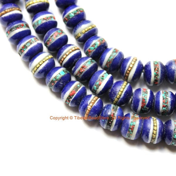 108 BEADS 8mm Tibetan Lapis Blue Color Bone Mala Prayer Beads with Turquoise, Coral & Metal Inlays - Tibetan Blue Bone Mala Beads - PB212