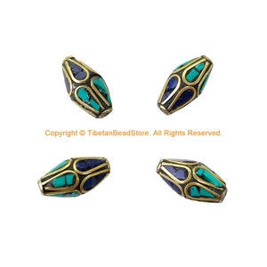 4 BEADS Tibetan Bicone Beads with Brass, Lapis & Turquoise Inlays - Handmade Brass Inlay Beads - B3539-4