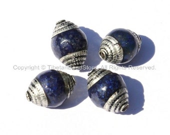 4 BEADS - Tibetan Lapis Beads with Tibetan Silver Caps - Ethnic Nepal Tibetan Beads - B1005S-4