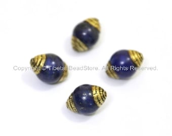 4 BEADS - Tibetan Lapis Beads with Brass Caps - Ethnic Nepal Tibetan Beads - B1005-4