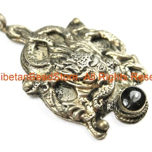 Ethnic Tribal Antique Look Repousse Tibetan Dragon Pendant with Onyx Inlay - TibetanBeadStore - Handmade - Unisex Jewelry - WM7233