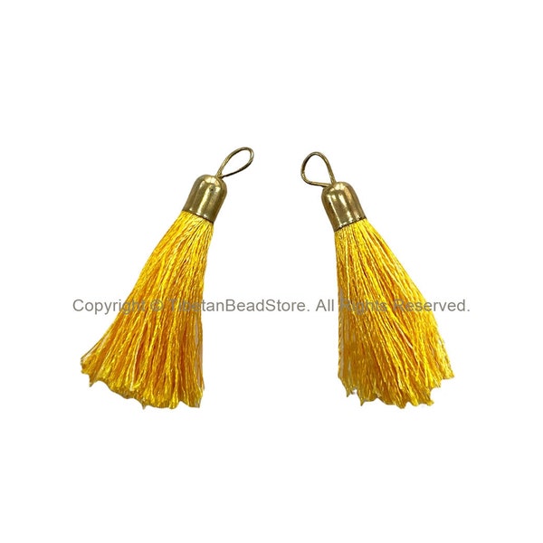 2 TASSELS Golden Yellow Tassels with Brass Caps - Quality Tassels Boho Mala Tassels Earring Tassels - Craft Tassels - T204-2