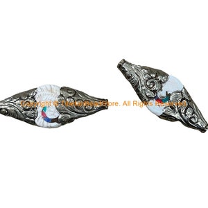 2 BEADS Ethnic Tribal Naga Conch Shell Tibetan Beads with Turquoise, Coral Inlays & Repousse Floral Metal Caps - B3500-2