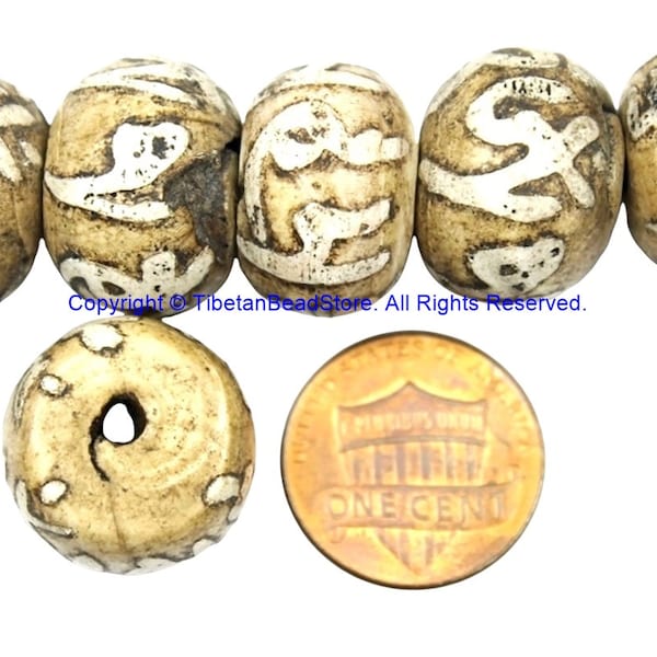 2 BEADS LARGE Antiqued Ethnic Naga Conch Shell Beads with Om Mani Mantra Carvings - Tibetan Beads - B2800-2