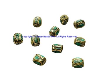 10 BEADS Tibetan Barrel Shape Beads with Brass, Turquoise Inlays - Ethnic Nepal Tibetan Beads - B3521-10