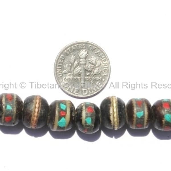 50 BEADS 9-10mm Size Black Bone Inlaid Tibetan Beads with Turquoise & Copal Coral Inlays - 9mm-10mm - LPB10-50