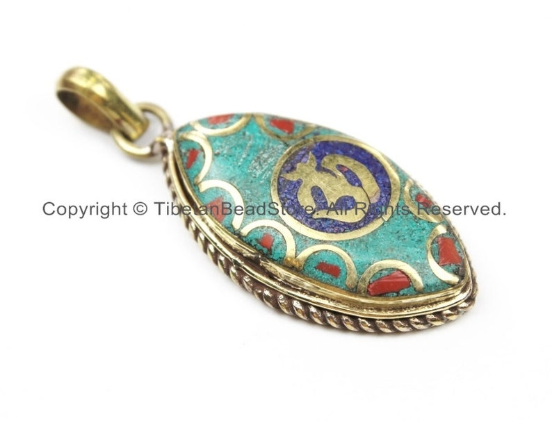 Nepal Tibetan OM Mantra Pendant with Brass Turquoise Coral Inlay Om Pendant Nepal Pendant Tibetan Pendant Tibet Pendant WM5916 Lapis