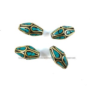 4 BEADS Tibetan Bicone Beads with Brass & Turquoise Inlays by TibetanBeadStore - Turquoise Beads Brass Inlay Beads Nepal Beads  B3498-4