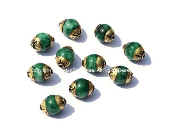 10 BEADS - Small Green JadeTibetan Beads with Brass Caps - Handmade Tibetan Beads, Pendants, Jewelry - TibetanBeadStore - B2488-10