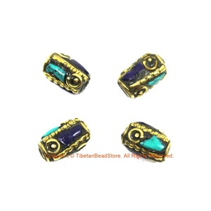 4 Beads Tibet Lapis, Türkis, Messing Inlay Tube Beads - Tibetische Perlen Tribal Perlen - 8mm x 12mm handmade Tube Inlay Beads - B3455-4