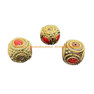 3 BEADS - LARGE BIG Handmade Ethnic Tibetan Inlaid Beads- Cube Box Shape Inlay Bead - B3533A