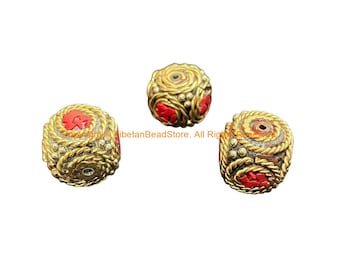 3 BEADS - LARGE BIG Handmade Ethnic Tibetan Inlaid Beads- Cube Box Shape Inlay Bead - B3533A