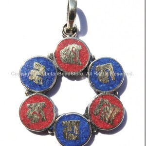 Om Mani Padme Hung Mantra Ring Tibetan Pendant with Lapis & Coral Inlays - Om Charm Pendant - Buddhist Yoga Tibetan Jewelry - WM5140C