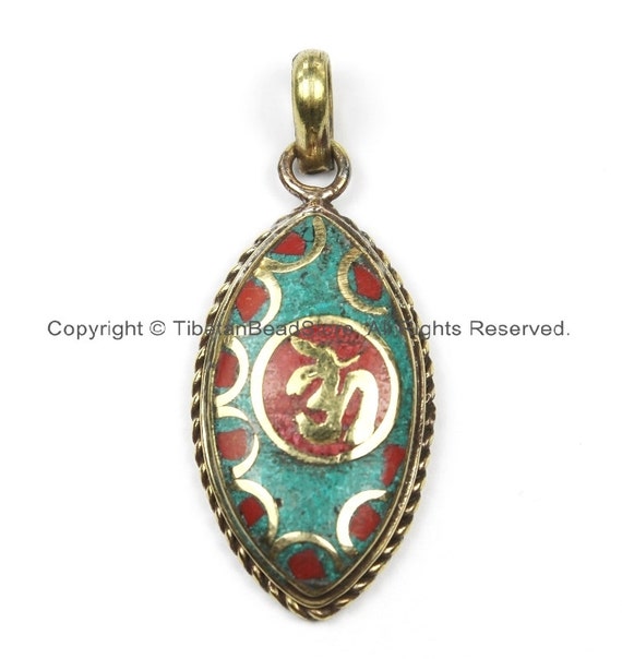 Nepal Tibetan OM Mantra Pendant with Brass Turquoise Coral Inlay Om Pendant Nepal Pendant Tibetan Pendant Tibet Pendant WM5916 Lapis