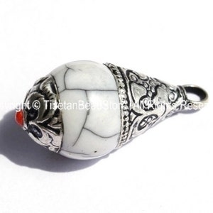 Tibetan White Crackle Resin Charm Pendant with Tibetan Silver Caps - Handmade Ethnic Tibetan Pendant - WM2839-1