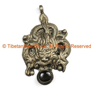 Ethnic Tribal Antique Look Repousse Tibetan Dragon Pendant with Gemstone Inlay - TibetanBeadStore - Handmade - Unisex Jewelry - WM7232