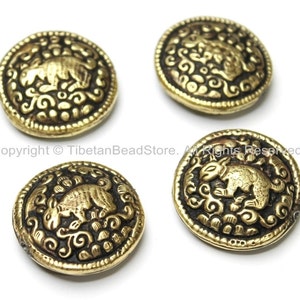 4 BEADS - Tibetan Brass Round Reversible Bead with Repousse Animal Details - Unique Ethnic Handmade Tibetan Metal Beads - B1650-4