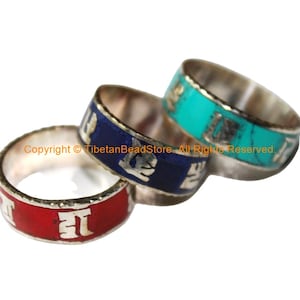 Handmade Tibetan Coral Inlay Mantra Ring - Om Mani Padme Hung - R340C