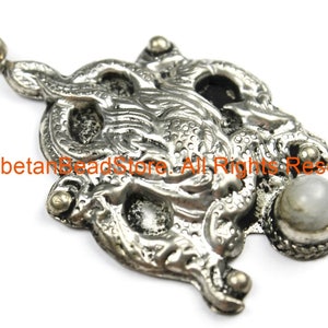 Ethnic Tribal Antique Look Repousse Tibetan Dragon Pendant with Moonstone Inlay - TibetanBeadStore - Handmade - Unisex Jewelry - WM7231