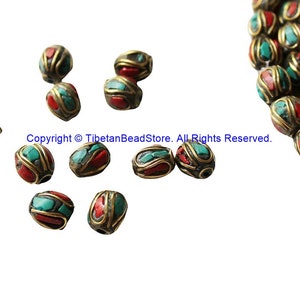 4 BEADS Turquoise, Coral, Brass Inlaid Beads - Tibetan Beads Inlaid Beads Tribal Beads - Handmade Beads - TibetanBeadStore - B3235F-4