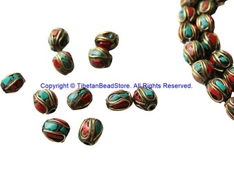4 BEADS Turquoise, Coral, Brass Inlaid Beads - Tibetan Beads Inlaid Beads Tribal Beads - Handmade Beads - TibetanBeadStore - B3235F-4