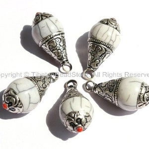 5 PENDANTS - Tibetan White Crackle Resin Charm Pendants with Tibetan Silver Caps - Handmade Ethnic Tibetan Pendant - WM2839-5