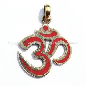 2 PENDANTS - Tibetan Sanskrit OM Pendants with Brass & Coral Inlays - Om Aum Ohm -  Handmade Tibetan Om Yoga Jewelry - WM1172-2