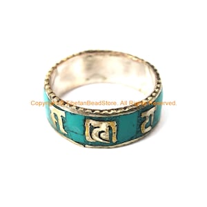 Handmade Tibetan Turquoise Inlay Mantra Ring - Om Mani Padme Hung - R340T