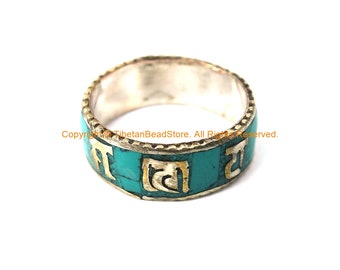 Handmade Tibetan Turquoise Inlay Mantra Ring - Om Mani Padme Hung - R340T