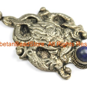 Ethnic Tribal Antique Look Repousse Tibetan Dragon Pendant with Lapis Inlay - TibetanBeadStore - Handmade - Unisex Jewelry - WM7224