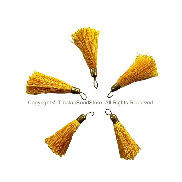 5 TASSELS Golden Yellow Tassels with Brass Caps - Quality Tassels Boho Mala Tassels Earring Tassels - Craft Tassels - T204-5