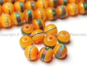 10 beads - 8mm Tibetan Copal  Resin Beads with Turquoise & Coral Inlays - LPB16S-10