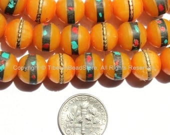 20 BEADS - 10mm Size Tibetan Honey Color Resin Beads with Turquoise, Coral Inlay - Inlaid Tibetan Beads - LPB16-20