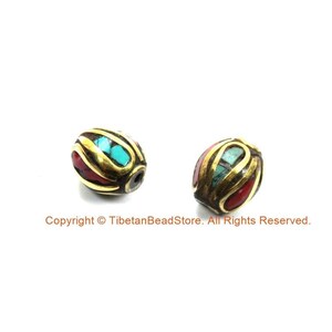 2 BEADS Turquoise, Coral, Brass Inlaid Beads - Tibetan Beads Inlaid Beads Tribal Beads - Handmade Beads - TibetanBeadStore - B3235F-2