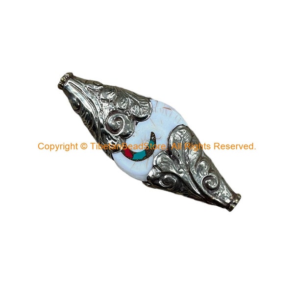 Ethnic Tribal Naga Conch Shell Tibetan Bead with Turquoise, Coral Inlays & Repousse Floral Metal Caps - 1 BEAD - B3500-1