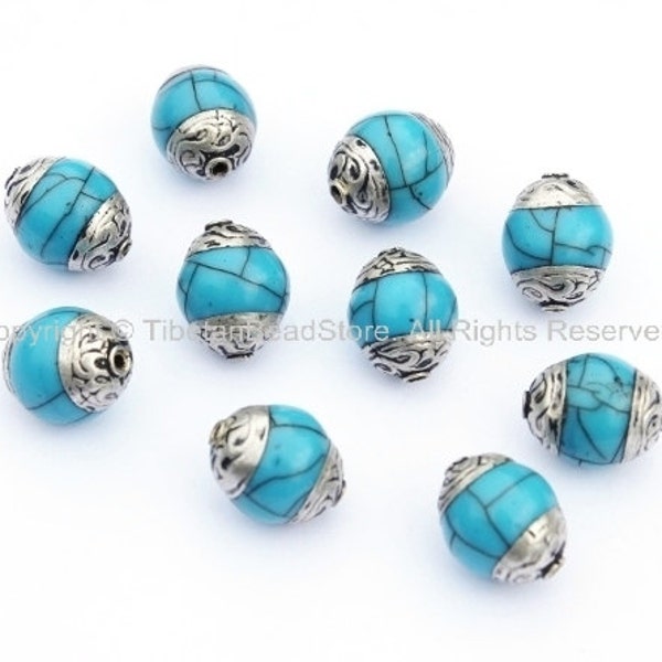 10 BEADS - Tibetan Blue Crackle Resin Beads with Tibetan Silver Caps - Nepal Tibetan Beads Pendants Jewelry - TibetanBeadStore - B905-10