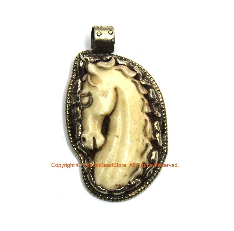 Carved Bone Horse Pendant Ethnic Tibetan Carved Bone Horse Pendant with Tibetan Silver Lotus Detail WM7787A Handmade Tibetan Jewelry