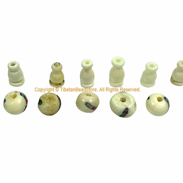 1 SET - Tibetan Inlaid White Bone Guru Bead Set - Tibetan White Bone Guru Bead & Cap - Mala Making Supply - GB8B-1