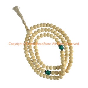 Tibetan Mala Prayer Beads with Turquoise Spacers - 108 Carved  10mm Beads Meditation Prayer Beads Hand Carved Beads - PB203