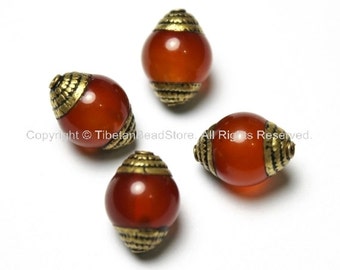 4 BEADS - Tibetan Carnelian Beads with Brass Caps - Ethnic Handmade Tibetan Beads - B1409-4