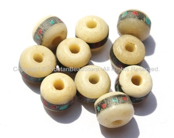 10 BEADS 9-10mm  Size Tibetan White Recycled Cattle Bone Beads with Turquoise, Coral & Metal Inlays - Mala Making Supplies - LPB12-10