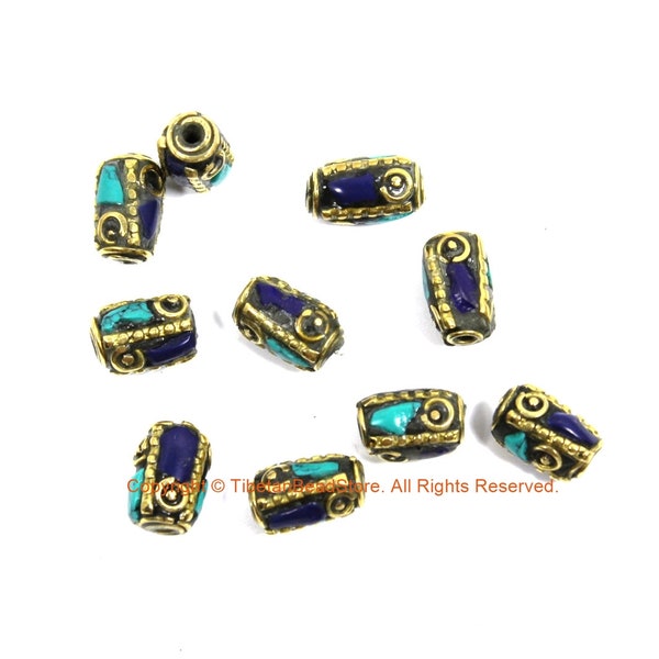 10 BEADS Tibetan Lapis, Turquoise, Brass Inlay Tube Beads - Tibetan Beads Tribal Beads - 8mm x 12mm Handmade Tube Inlay Beads - B3455-10