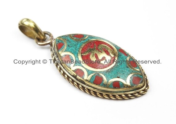 Nepal Tibetan OM Mantra Pendant with Brass Turquoise Coral Inlay Om Pendant Nepal Pendant Tibetan Pendant Tibet Pendant WM5916 Lapis