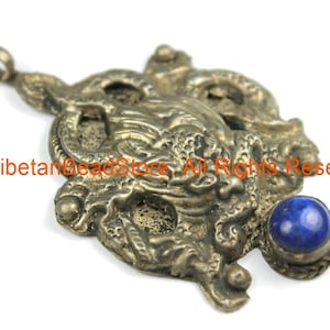 Ethnic Tribal Antique Look Repousse Tibetan Dragon Pendant with Lapis Inlay - TibetanBeadStore - Handmade - Unisex Jewelry - WM7223