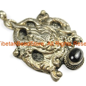 Ethnic Tribal Antique Look Repousse Tibetan Dragon Pendant with Onyx Inlay - TibetanBeadStore - Handmade - Unisex Jewelry - WM7235