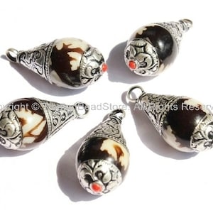 2 PENDANTS - Black & White Resin Dzi Tibetan Pendants with Tibetan Silver Caps - Handmade Ethnic Tibetan Pendant - WM2835-2